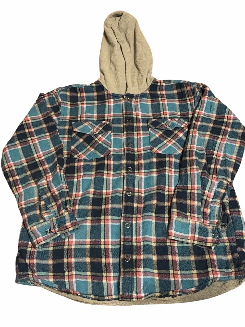 L.L.Bean Hooded Flannel-Lined Shacket in Teal, Navy & Pink